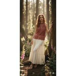 Womens Lace shear fairy Sleeveless Top XS Crochet Boho peasant babydoll whimsi